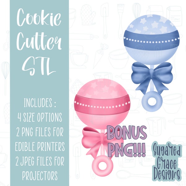 Baby rattle cookie cutter stl file for 3D printing, baby rattle png printable download for baby shower and Eddie edible printer