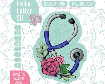 May include: A stethoscope cookie cutter design with a floral arrangement of pink roses and green leaves. The design includes the text "Cookie Cutter STL SGD" and size options from 2" to 5". The image also includes the text "8 SIZE OPTIONS! PNGS INCLUDED!" and "CHANGE THE COLORS IN CANVA!"