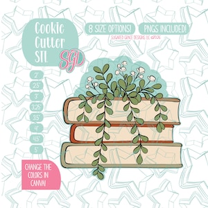 May include: A digital graphic of three stacked books with a trailing green plant featuring small white flowers on top. Text includes Cookie Cutter STL, 8 SIZE OPTIONS, PNGS INCLUDED, and CHANGE THE COLORS IN CANVA, with a list of sizes 2 to 5 inches.