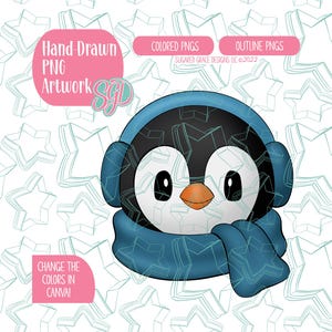 May include: A cartoon penguin wearing a blue scarf and earmuffs. The penguin is black and white with an orange beak and large eyes. The image includes text that says "Hand Drawn PNG Artwork", "COLORED PNGS", "OUTLINE PNGS", and "CHANGE THE COLORS IN CANVA!"