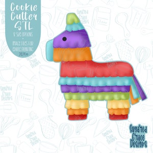 May include: A colorful piñata cookie cutter in the shape of a donkey. The cutter is multi-layered with vibrant colors including red, orange, purple, blue, and yellow. Text on the image reads "Cookie Cutter STL" and "Image files for edible printing 2024".