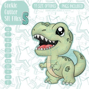 Könnte beinhalten: Cartoon-Illustration eines grünen Tyrannosaurus Rex mit breitem Lächeln und scharfen Zähnen. Der Text lautet "Cookie Cutter STL Files" und "11 SIZE OPTIONS! PNGS INCLUDED!" mit Größenangaben.