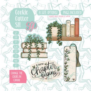Könnte beinhalten: Ein digitales Design-Set mit einem Bücherstapel mit Hängepflanze, einem Regal mit Büchern und Topfpflanze, einem Lesezeichen mit Quaste sowie dem Text 'a new chapter begins'. Enthält 8 Größenoptionen, PNG-Dateien und STL-Keksausstecher-Dateien.