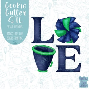 May include: A digital download of an STL file for a cookie cutter in the shape of the word "LOVE". The letters are navy blue with green glitter accents. The "O" is a blue and green bow. The image includes a white background with a pattern of baking tools.
