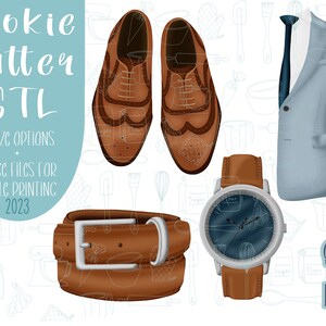 May include: A set of cookie cutters in the shape of a brown leather belt, a watch with a blue face, a pair of brown leather shoes, and a light blue blazer. The image includes the text "Cookie Cutter STL 8 SIZE OPTIONS + IMAGE FILES FOR EDIBLE PRINTING 2023 Sugared Grace Designs".