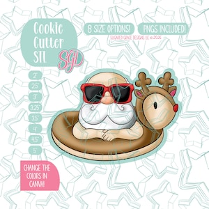 May include: A digital cookie cutter design featuring Santa Claus wearing sunglasses and a reindeer float. The design includes size options from 2 inches to 5 inches. The image also includes the text "Cookie Cutter STL" and "Change the colors in Canva!"