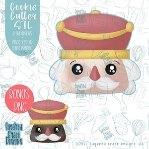 May include: A digital download of a cookie cutter design featuring a cartoon nutcracker with a red hat and a brown face. The design is available in 8 sizes and includes a bonus PNG file.