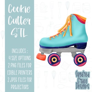May include: A blue and white roller skate cookie cutter with red and yellow wheels. The cutter is designed to create a cookie in the shape of a roller skate. The image includes the text "Cookie Cutter STL" and "Sugar Grace Designs".