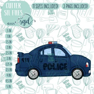Pode incluir: Um cortador de biscoitos de carro de polícia azul com a palavra "POLICE" no lado e "911" na parte de trás. O cortador está disponível em 11 tamanhos, de 1,27 cm a 12,7 cm.