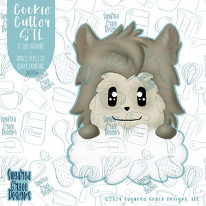 Puede incluir: Una descarga digital de un archivo STL de cortador de galletas para un hombre lobo de dibujos animados con una base en forma de nube. La imagen muestra al hombre lobo con ojos grandes y una sonrisa amigable. El texto "Cookie Cutter STL" y "8 Size Options" es visible en la imagen.