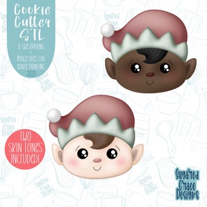May include: Two digital cookie cutter designs of an elf with a red hat and a green elf hat. The elf on the top has brown skin and the elf on the bottom has light skin. The text "Cookie Cutter STL" and "Two Skin Tones Included!" is visible in the image.