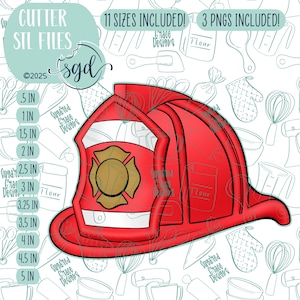 May include: Red and yellow firefighter helmet cookie cutter design.  The cutter is available in 11 sizes, from 0.5 inches to 5 inches.  3 PNG files are included.
