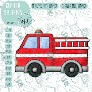 Könnte beinhalten: Roter Feuerwehrauto-Ausstecher mit weißen Streifen und schwarzen Rädern. Der Ausstecher ist auf einem weißen Hintergrund mit einem Muster aus Küchenutensilien abgebildet. Das Bild enthält den Text "CUTTER STL FILES" und "11 SIZES INCLUDED! 3 PNGS INCLUDED!"