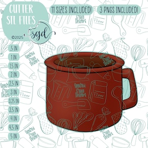May include: A digital download of 11 different sized SVG files for a red mug cookie cutter. The image shows the mug cutter in the largest size, with a background pattern of kitchen tools and the text "Sugared Grace Designs".