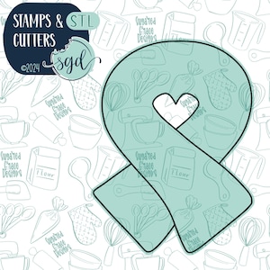 May include: A teal blue ribbon with a heart-shaped cutout in the center. The ribbon is on a white background with a pattern of kitchen-themed illustrations. The text "STAMPS & STL CUTTERS 2024 Sgd" is in the top left corner of the image.