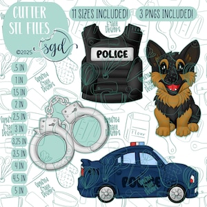 May include: Digital cutter files featuring police-themed designs. Includes a police vest, handcuffs, a police dog, and a police car. The image also includes text indicating 11 sizes and 3 PNGs are included. The sizes range from .5 inches to 5 inches.