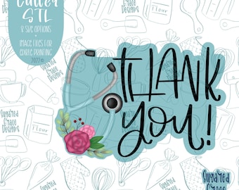 May include: A blue and gray stethoscope with a pink rose and green leaves on a light blue background with the text "THANK YOU!" in black. The background is a pattern of kitchen tools and the text "Suggared Grace Designs".