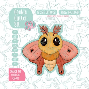 May include: A cartoon moth cookie cutter design with a light orange body, large black eyes, and reddish-brown wings. The image includes text that says "Cookie Cutter STL" and "8 SIZE OPTIONS! PNGS INCLUDED!" with size options listed in inches.
