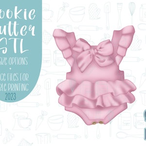 May include: Pink cookie cutter in the shape of a baby onesie with a bow. The cutter is designed for making edible decorations for cakes and other desserts. The image includes the text "Cookie Cutter STL" and "Suggared Grace Designs".