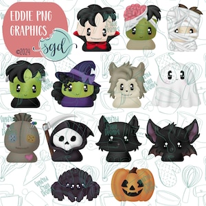 13 Tage Halloween, handgezeichnetes PNG-Bildset für essbare Tintendrucker einschließlich Eddie und Line Art für hochwertige PYO Cookie Kits