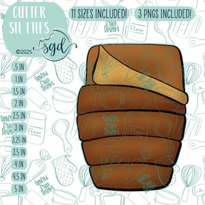 May include: A brown cookie cutter in the shape of a loaf of bread. The cutter is shown against a white background with a pattern of kitchen tools. The image includes the text "CUTTER STL FILES" and "11 SIZES INCLUDED! 3 PNGS INCLUDED!"