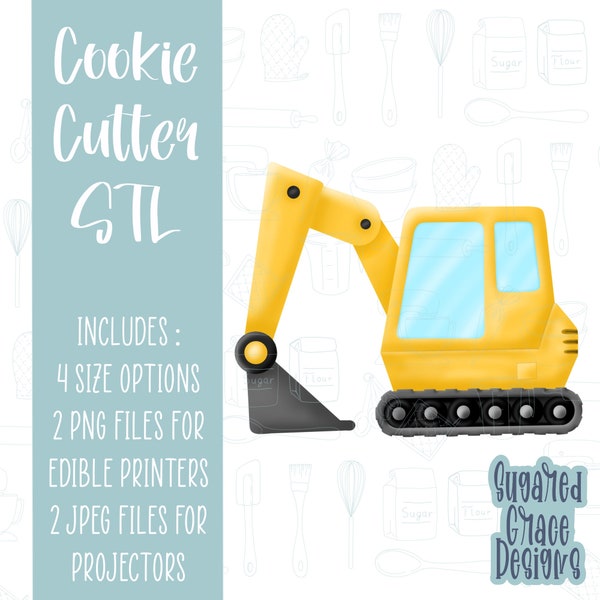 Construction Backhoe Cookie cutter stl files for 3d printing with matching printable png images for Eddie edible printers