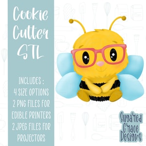 May include: A digital download of a cookie cutter STL file featuring a cute cartoon bee wearing red glasses. The bee is yellow with black stripes and blue wings. The image includes the text "Cookie Cutter STL" and information about the file's contents, including 4 size options, 2 PNG files for edible printers, and 2 JPEG files for projectors. The image also includes the text "Suggared Grace Designs".