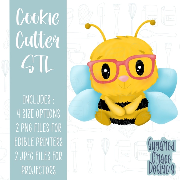 honey bee with glasses Cookie cutter STL file for 3D printing with png printable instant download for EDDIE edible ink printer, bumblebee,
