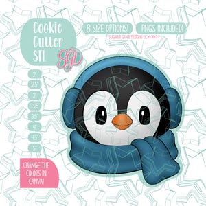 May include: A cookie cutter design featuring a cartoon penguin wearing a blue scarf and earmuffs. The design includes text that says "Cookie Cutter STL" and "8 SIZE OPTIONS!" with sizes ranging from 2" to 5". The background has a pattern of star outlines.