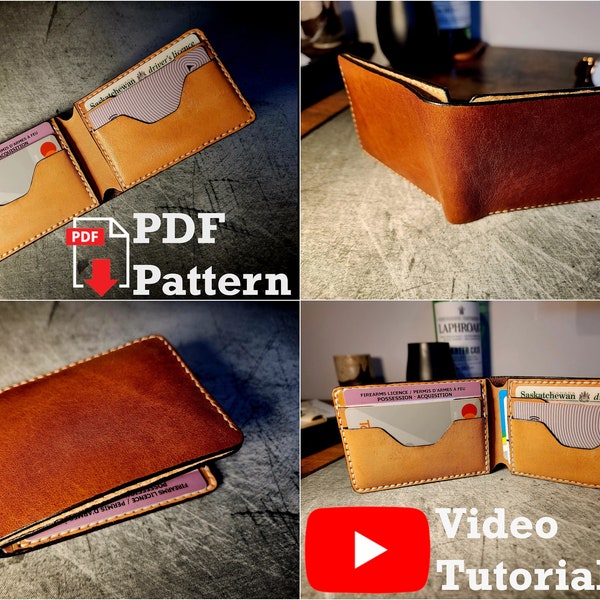 Patrón de cuero billetera plegable de 4 tarjetas con billetera - Patrón PDF de artesanía en cuero DIY con video tutorial