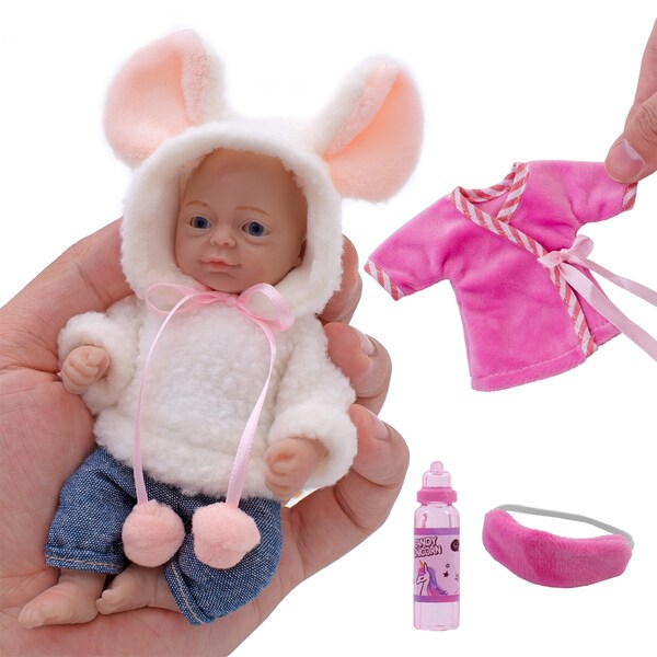 Reborn Baby Doll 6 Inch Silicone Girl Doll Mini Reborn Baby Palm Doll Realistic Full Silicon Body Hand Made(1 Doll+2 Sets clothes)