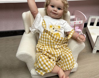 Herboren Baby Doll 24 inch Lifelike Soft Vinyl Realistische Blonde Peuter Pop Geworteld Lang Gouden Haar Gele Strap Suit (Hand Made)