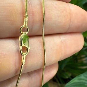 Op de afbeelding: Een gouden slangenketting met een karabijn sluiting.