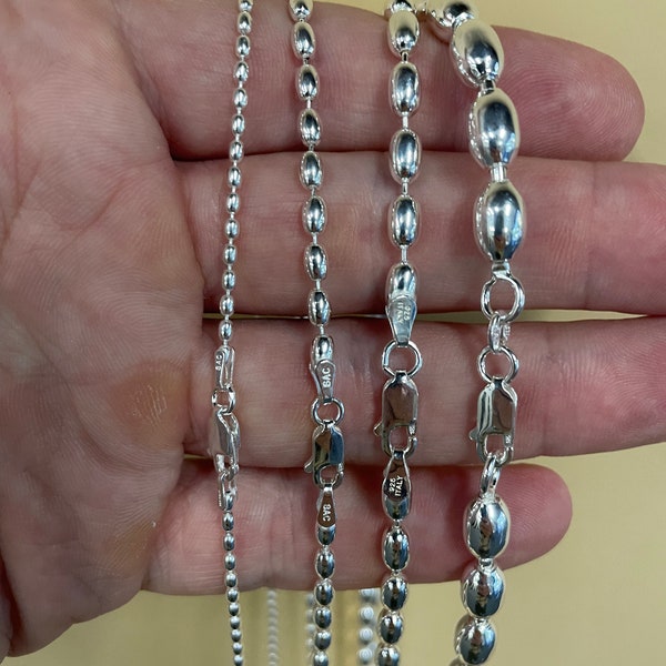 Italian Sterling Silver Rice Oval Bead Chain Necklace 925