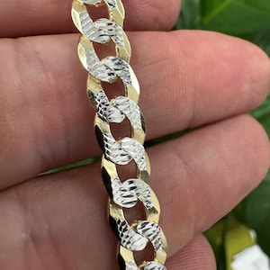 Italian Sterling Silver Gold Plated 2-Tone Pave 7.6mm Diamond Cut Miami Cuban Curb Chain 925 Italy