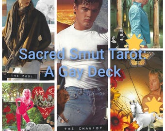 Può includere: Un collage con immagini di uomini, fiori e animali, con il testo "Sacred Smut Tarot: A Gay Deck". Le carte sono etichettate con titoli come "The Pool", "The Chariot" e "The Sun".