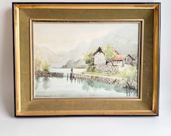 Vintage French Watercolor Lakeside Landscape with Fisherman – Framed