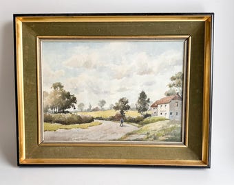 Vintage French Framed Watercolor Landscape with Cottage & Figure
