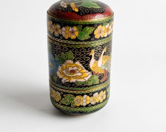 Vintage Cloisonné Stackable Lidded Box | Floral & Bird Motif | Enamel Brass Container