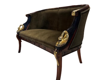 Empire-Style Swan Settee in Olive Velvet