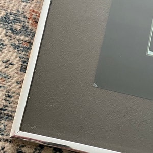 May include: A framed artwork with a silver metal frame. The artwork has a dark gray matte and a black background. The frame is rectangular and has a clean, modern design. The artwork is displayed on a patterned rug.