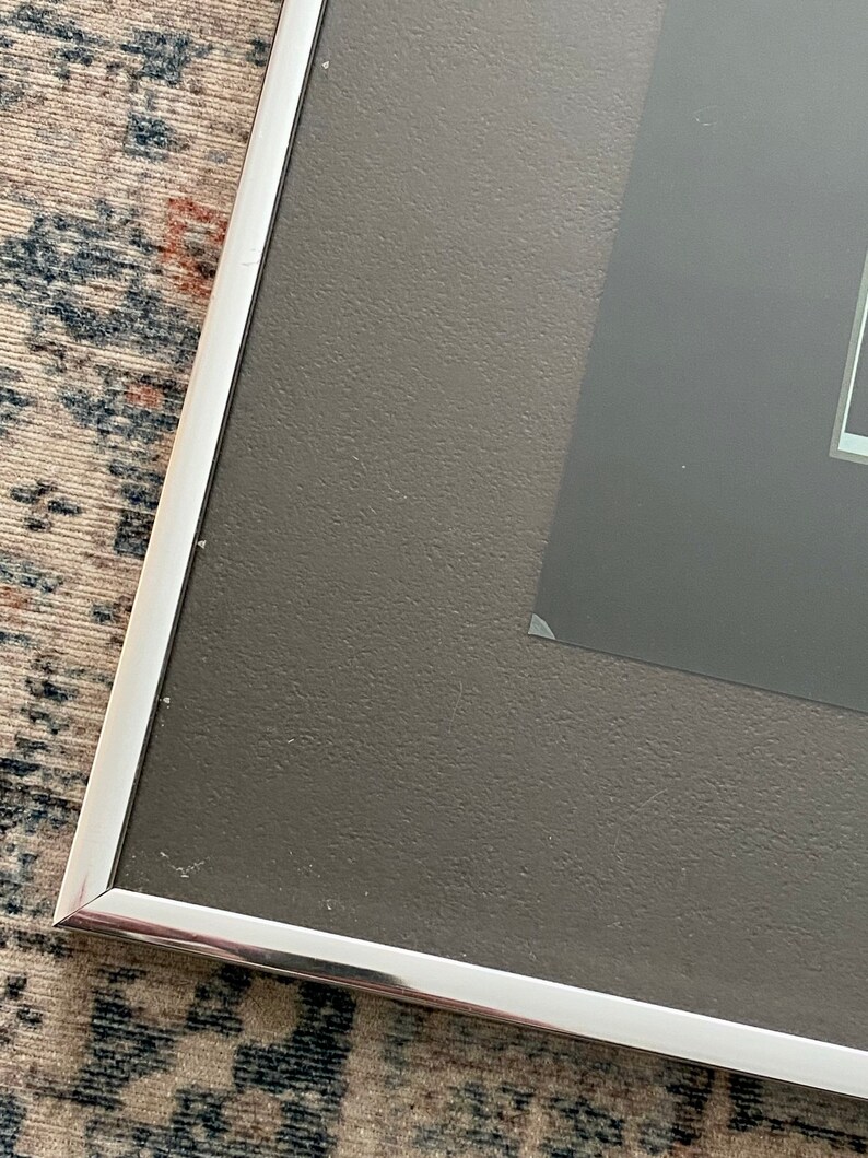May include: A framed artwork with a silver metal frame. The artwork has a dark gray matte and a black background. The frame is rectangular and has a clean, modern design. The artwork is displayed on a patterned rug.
