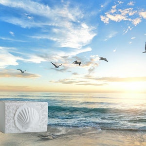 K&ouml;nnte beinhalten: Eine wei&szlig;e, rechteckige Dekorationsbox mit einem Muscheldesign. Die Box steht an einem Sandstrand, im Hintergrund sind das Meer und M&ouml;wen zu sehen. Der Himmel ist blau mit Wolken und die Sonne geht unter.