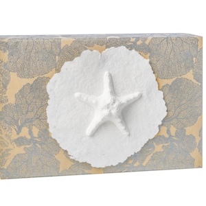 May include: A small, rectangular box with a beige background and a blue floral pattern. A white paper circle with a white starfish in the center is attached to the front of the box.