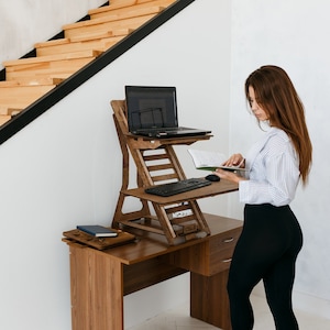 Standing desk laptop stand, Wood work station, Laptop stand, Modern desk, Adjustable desk stand, Vintage stand image 4