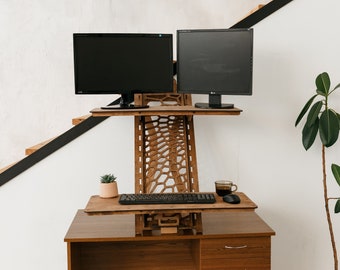 Standing desk, Wood work station, Laptop stand, Modern desk, Adjustable desk stand, Vintage stand, Sit Stand Desk