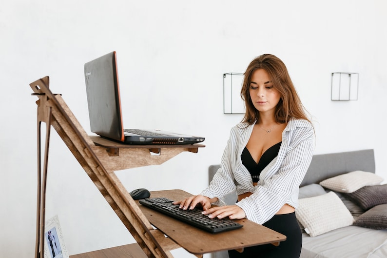 Standing desk laptop stand, Wood work station, Laptop stand, Modern desk, Adjustable desk stand, Vintage stand image 7