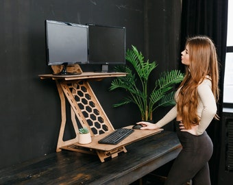 Standing desk Wood work station Laptop stand Modern desk Adjustable desk stand Vintage stand