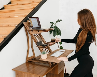 Adjustable Standing desk, laptop stand, work from home, wood work station, home office, Modern desk, desk stand