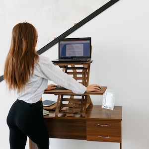Standing desk laptop stand, Wood work station, Laptop stand, Modern desk, Adjustable desk stand, Vintage stand image 9